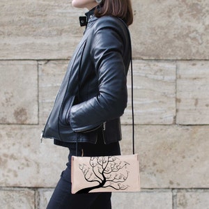Leather small crossbody bag, shoulder handbag, minimal design / Genealogical tree of gods