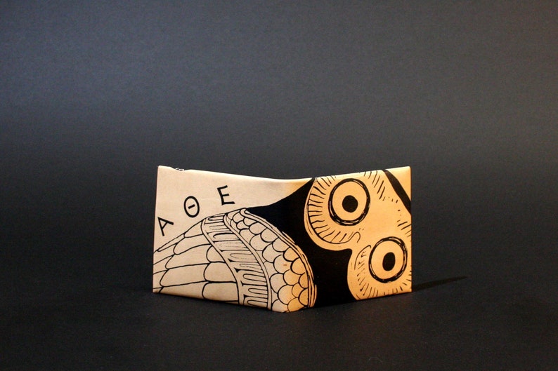 Cartera de piel - Monedero y monedero - Tarjetero - Doble pliegue - Cartera delgada Owl of Athens