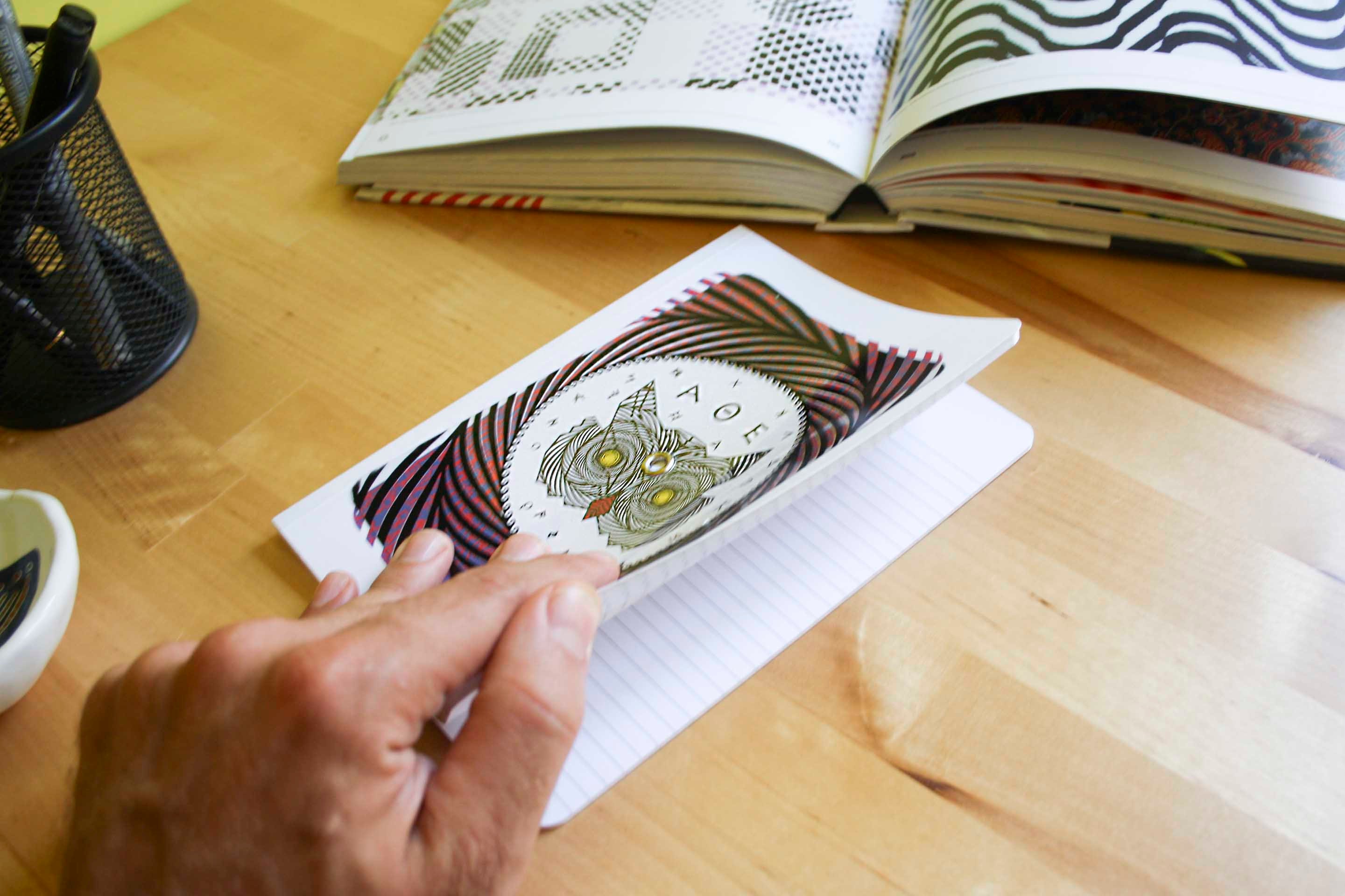 Optical Illusion Turning notebook/journal, Owl of Athens. Interactive cover.