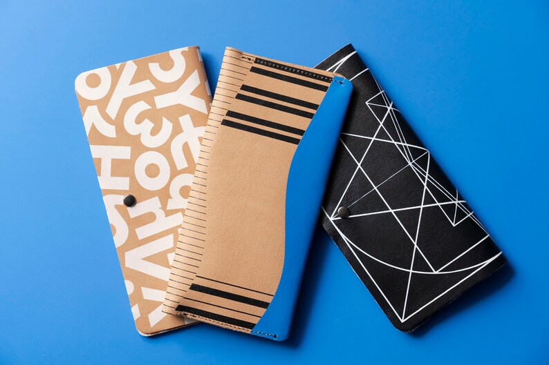 Cartera de cuero grande - Efectivo y soporte para teléfono - Estuche para tarjetas - Doble pliegue - Cartera delgada / Alfabeto griego imagen 7