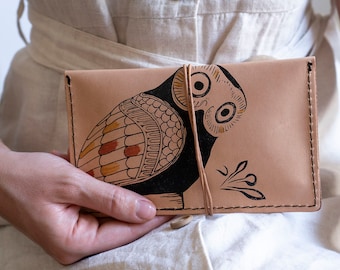Sobre de cartera de bolso de bolso de cuero. Estuche de tabaco. Búho de Atenas