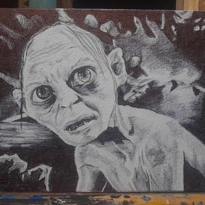 Dessin original au stylo à bille Gollum sur carton entoilé sans cadre