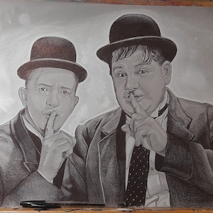 Stan & Ollie original Ballpoint pen pencil drawing Laurel and Hardy UNFRAMED