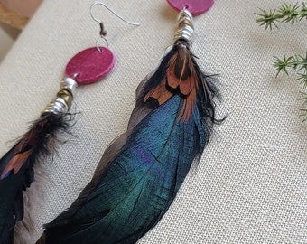 Long Leather & Feather Hand Made Earring with Beads