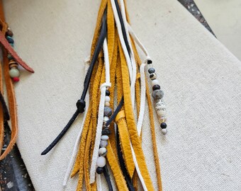 Black, Mustard & White Hand Cut Leather Tassel