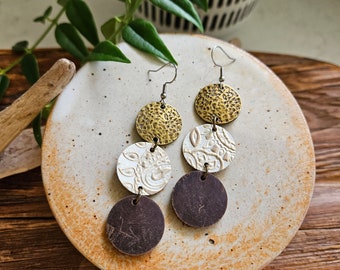 Triple Dot Hand Cut Leather & Metal Earrings