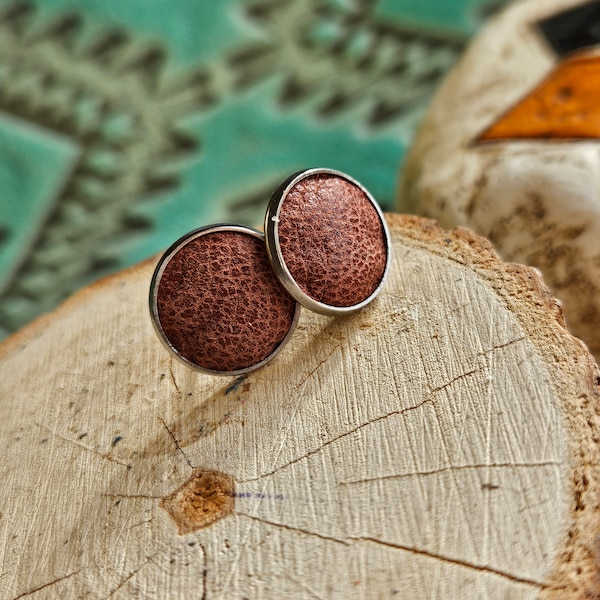 Light Brown Pebbled Leather Hand Cut Stud Earrings - Silver Setting