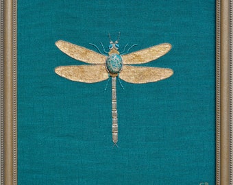 Embroidered dragonfly / cabinet of curiosities / textile art / embroidered insect / illumination / blue and gold