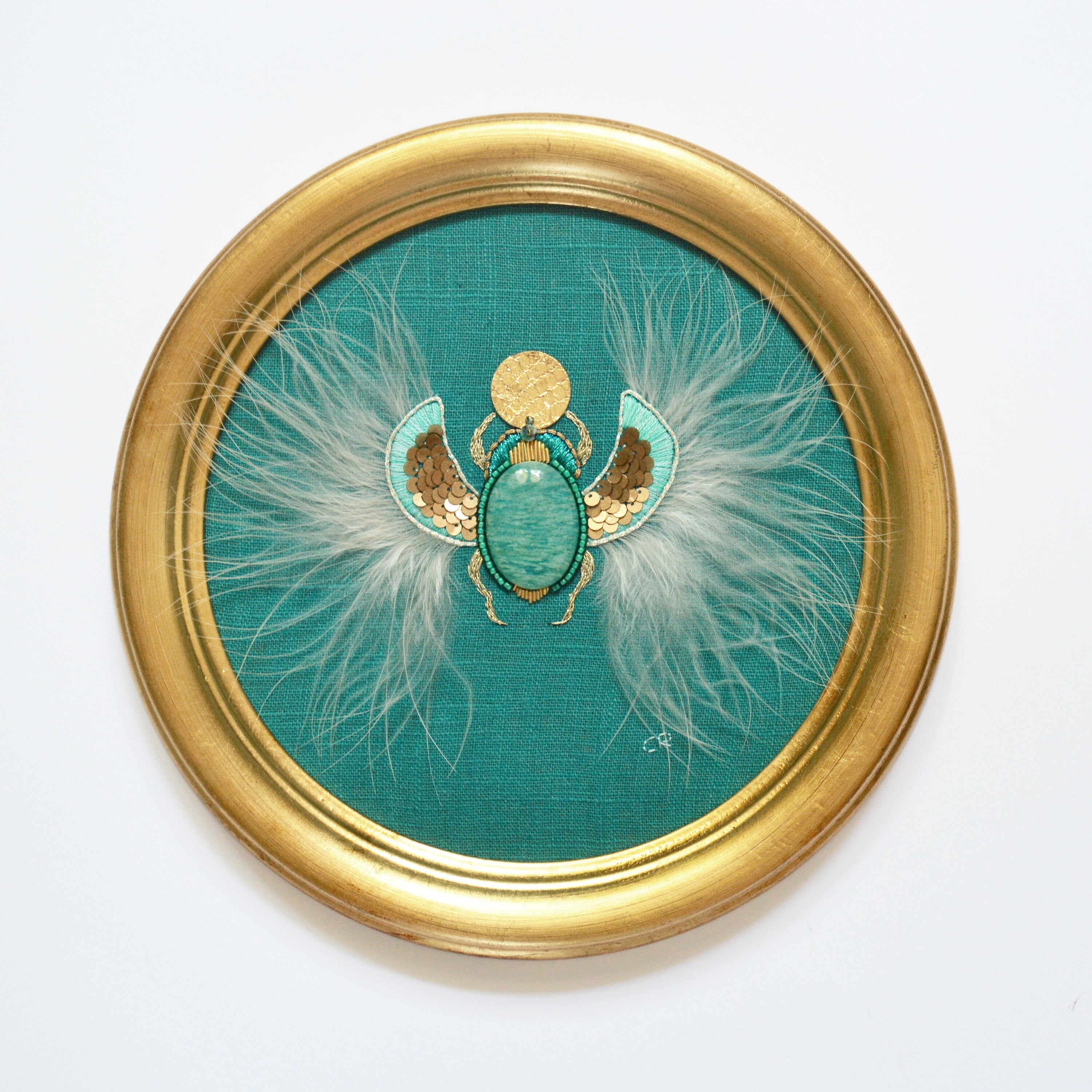 Broderie Main/Tableau Brodé Scarabée Égyptien Ailé Amulette Antique Turquoise