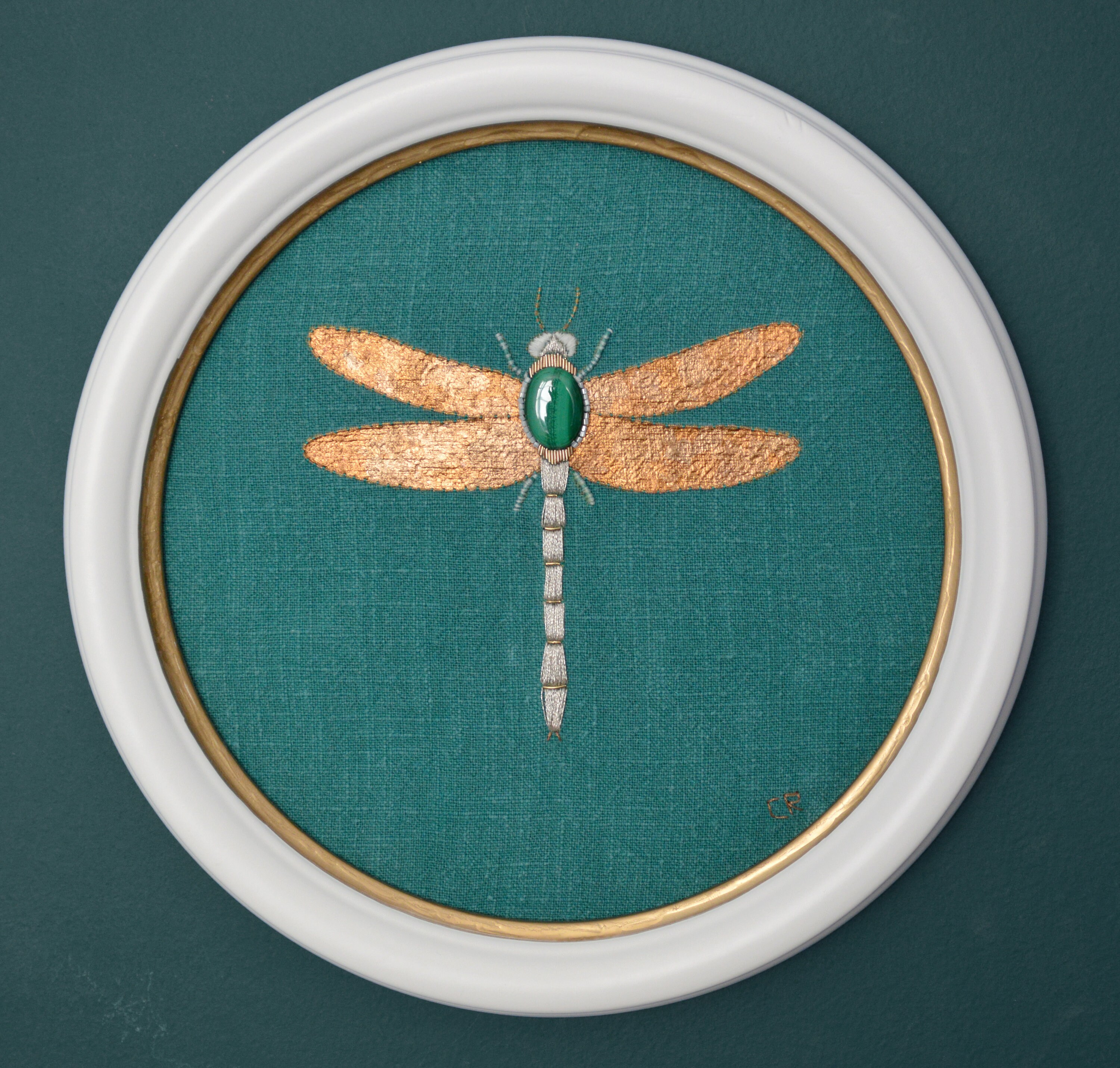 Libellule Antique Brodée/Malachite Naturelle Cadre Rond Broderie d'art