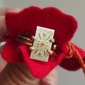 Può includere: Un quadrante di orologio argentato con numeri romani neri e una lancetta dei secondi dorata. Il quadrante dell'orologio è montato su un anello dorato con una custodia in velluto rosso.