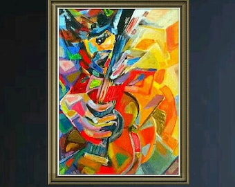 Okulele player , print of artwork in watercolor and tempera.