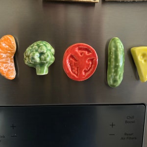 Ceramic Refrigerator Magnets . Set of 5-Broccoli , Cheese, Orange, Tomato, Pickle Retro Fridge Magnet Fruits/ Vegetables