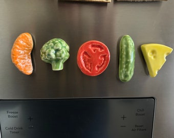 Ceramic Refrigerator Magnets . Set of 5-Broccoli , Cheese, Orange, Tomato, Pickle Retro Fridge Magnet Fruits/ Vegetables