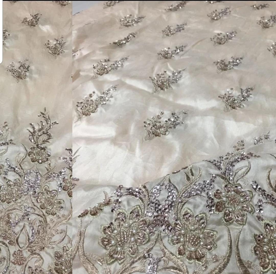 Ivory Embroidery Beaded Fabric, Beaded Sequin Silk Fabric, Raw Silk