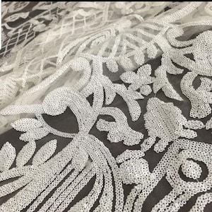 Off white sequined lace fabric by the yard, Bridal sequins lace, wedding fabric, sequin fabric, off white lace fabric, Nigerian lace fabric