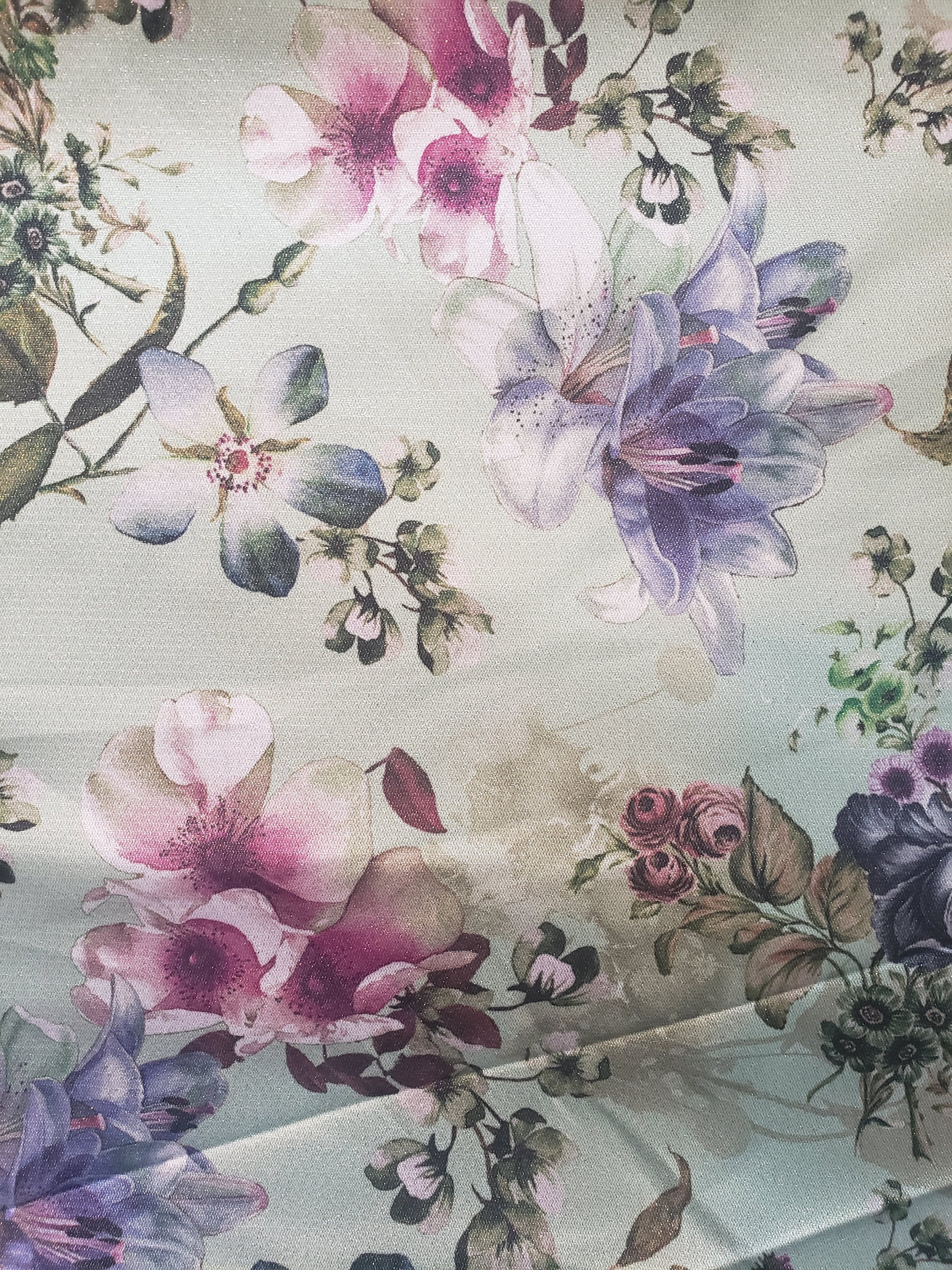 Floral Print Satin Fabric, Digital Satin Print Fabric, Lemon Green