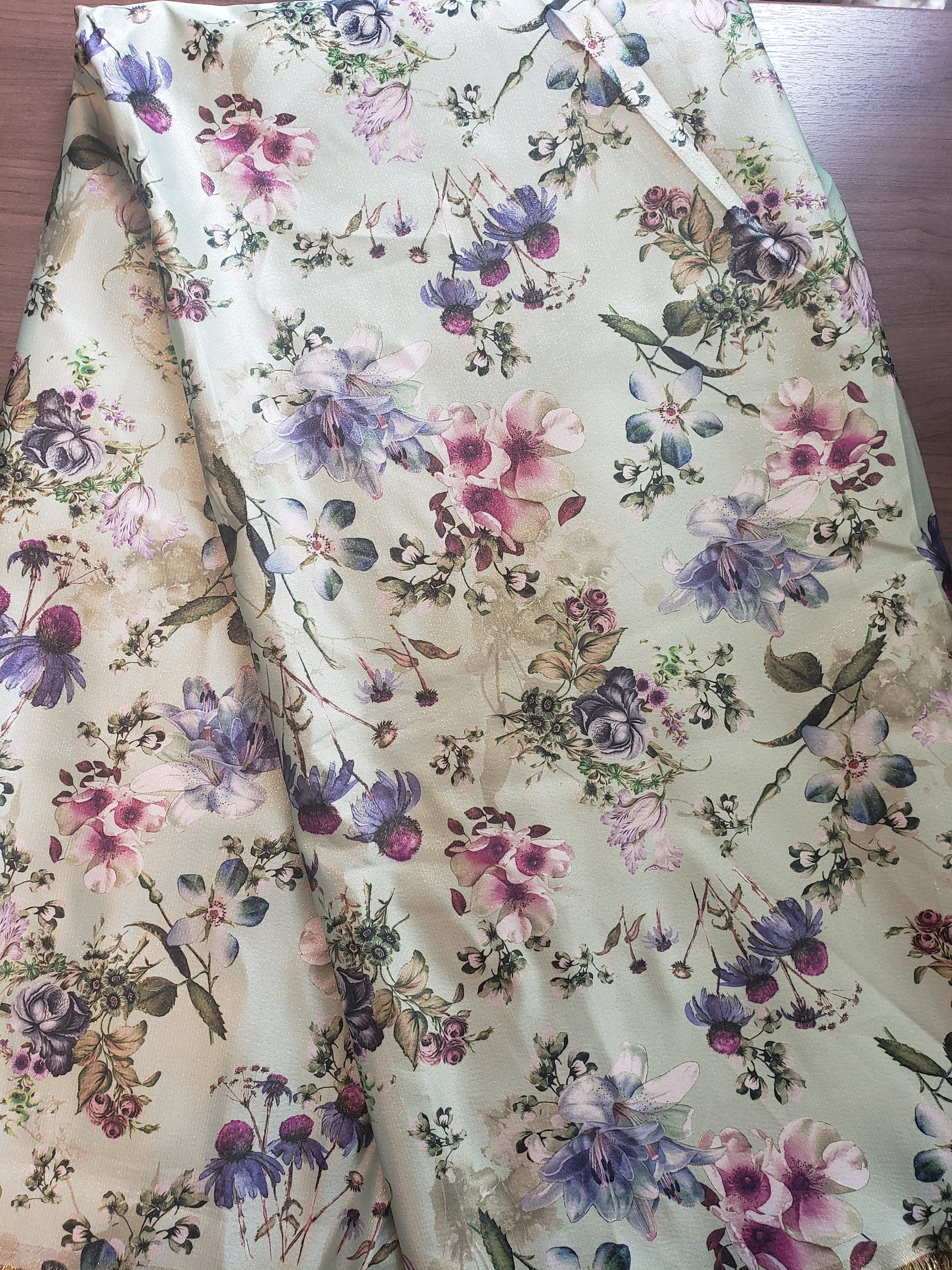 Floral Print Satin Fabric, Digital Satin Print Fabric, Lemon Green