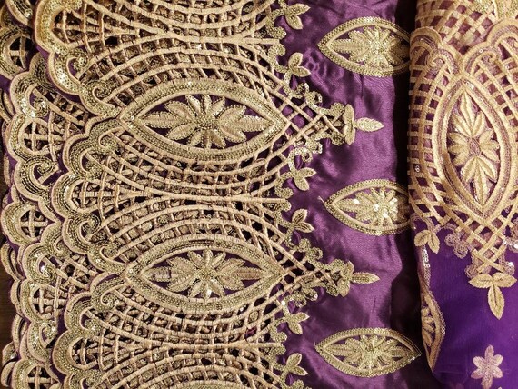 Tela de george indio, púrpura piezas bordado tela de pedrería