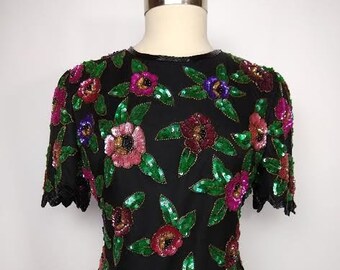 1980s Floral Silk Sequin Top by Lawrence Kazar in Multicolor on Black