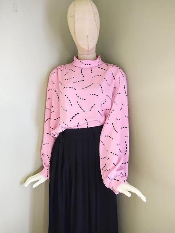 1980s bubblegum pink and black silk textured blous