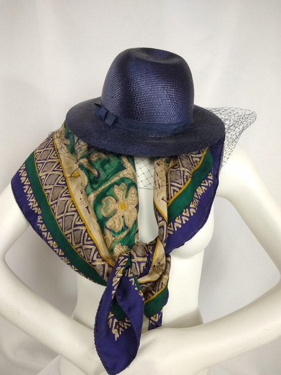 Retro Net Straw Sun Hat in Navy Blue With Bow - Etsy display picture 1