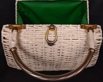 1950s Designer Koret Basket Bag in White Wicker with Green and Gold Foil Lining