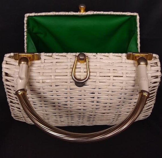 1950s Designer Koret Basket Bag in White Wicker w… - image 1