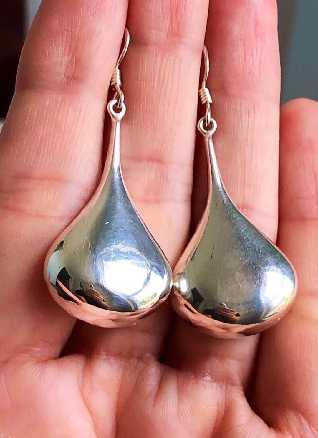 Large Domed Teardrop Silver Earrings 2 Domed Silver Drop Earrings High Polished Silver Dangle