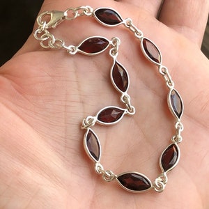 Garnet Silver bracelet- Natural Garnet high polished Silver bracelet- 8” Marquise Garnet bracelet- Burgundy gems bracelet-January birthstone