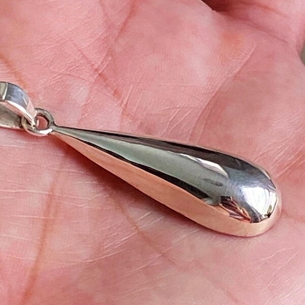 Long domed teardrop Silver pendant- High polished Silver domed pendant- 925 Sterling Silver drop pendant- Vintage unisex long Silver pendant