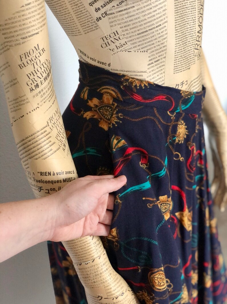 Vintage Western Pleated Boot Skirt Equestrian Theme Skirt Rope Skirt 80s 90s Pattern Navy Gold Red Skirt Pocket Skirt