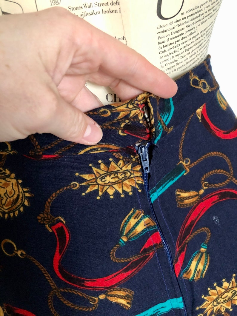 Vintage Western Pleated Boot Skirt Equestrian Theme Skirt Rope Skirt 80s 90s Pattern Navy Gold Red Skirt Pocket Skirt