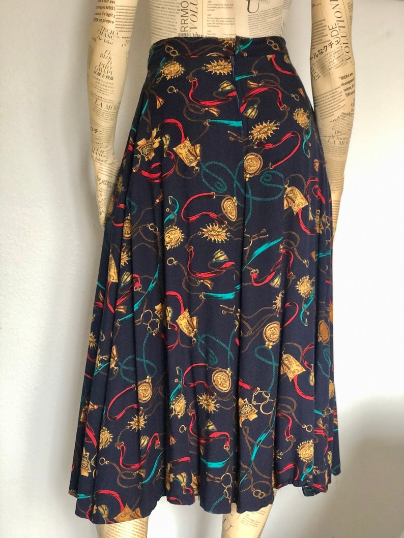 Vintage Western Pleated Boot Skirt Equestrian Theme Skirt Rope Skirt 80s 90s Pattern Navy Gold Red Skirt Pocket Skirt