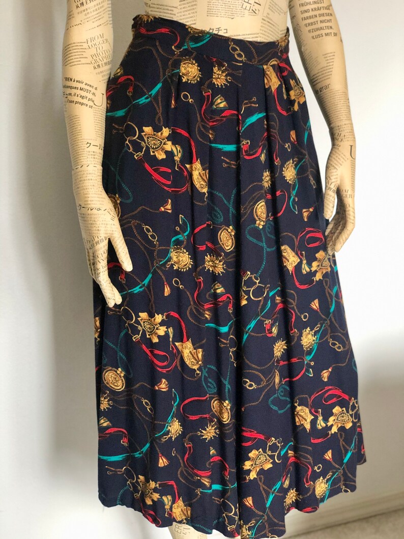 Vintage Western Pleated Boot Skirt Equestrian Theme Skirt Rope Skirt 80s 90s Pattern Navy Gold Red Skirt Pocket Skirt