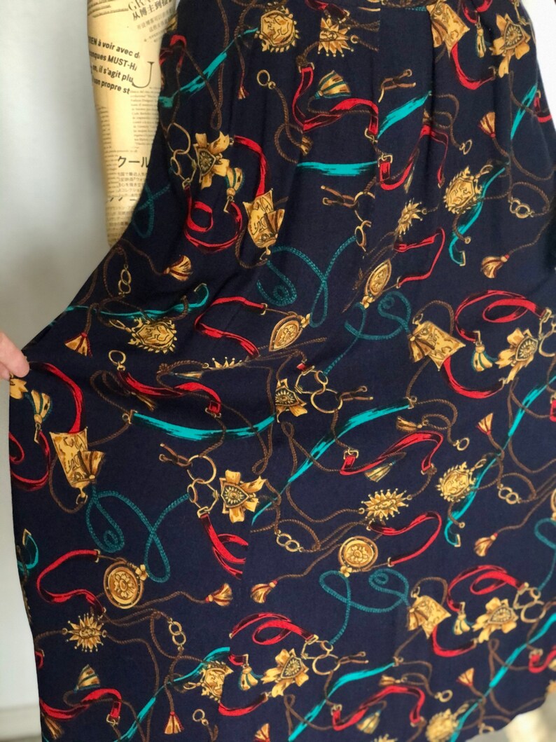 Vintage Western Pleated Boot Skirt Equestrian Theme Skirt Rope Skirt 80s 90s Pattern Navy Gold Red Skirt Pocket Skirt