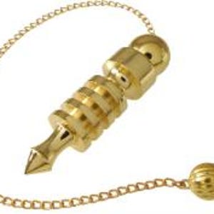 May include: A gold-colored pendulum with a pointed tip and a cylindrical body with ridged sections. It is suspended by a delicate gold chain, with a small ball at the end of the chain. The pendulum is designed for divination or spiritual practices.