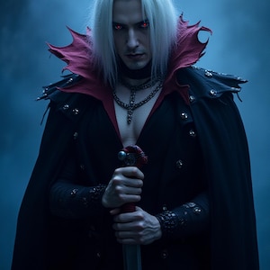 May include: A person with pale skin, white hair, and red eyes, wearing a black cape with a red collar and holding a sword. The cape is adorned with silver studs. The person is wearing a black choker and a silver necklace with a cross pendant.