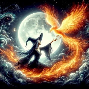 Könnte beinhalten: Eine Hexe mit langen schwarzen Haaren, die einen schwarzen spitzen Hut und ein Kleid trägt, sitzt auf einer feurigen Wolke und streckt die Hand nach einem feurigen Phönix mit orangefarbenen und gelben Federn vor einem Hintergrund aus Vollmond und Sternen aus.
