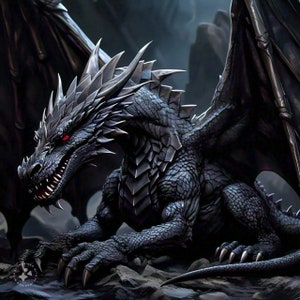 Può includere: Un drago nero con occhi rossi e squame argentate è appollaiato su una superficie rocciosa. Il drago ha grandi ali e artigli affilati.