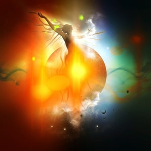 May include: A digital illustration featuring a silhouette of a figure with arms raised, positioned against a large glowing orange sphere. The background transitions from deep orange on the left to dark blue on the right, filled with light flares.