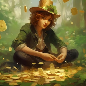 Może przedstawiać: Ilustracja osoby siedzącej po turecku w lesie, otoczonej spadającymi złotymi monetami. Osoba nosi zieloną kurtkę, białą koszulę i kapelusz ozdobiony liśćmi. Scena rozgrywa się w bujnym, zielonym otoczeniu.