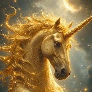 May include: A golden unicorn with a flowing mane and a spiraled horn, set against a starry night sky with a crescent moon. The unicorn's coat shimmers with golden highlights. The image evokes a sense of magic and fantasy.