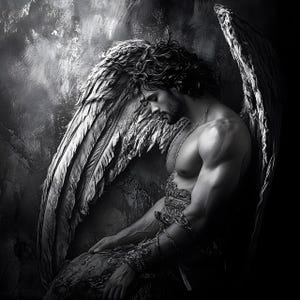 May include: A monochrome image of a figure with large feathered wings, wearing detailed metal adornments. The figure is muscular and has a contemplative pose. The lighting is dramatic, creating strong contrasts and highlighting textures.