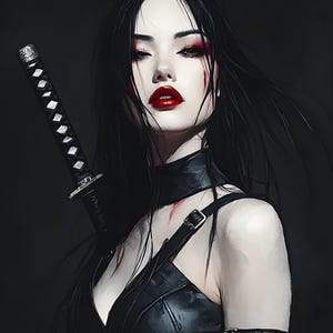Peut inclure: Une illustration numérique représentant une personne aux longs cheveux noirs, fard à paupières rouge et lèvres rouge vif. Elle porte une tenue en cuir noir avec des sangles et des boucles, et un katana est attaché dans son dos sur fond sombre.