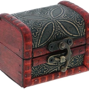 May include: A small, rectangular wooden chest with a hinged lid. The chest is stained a dark reddish-brown, with decorative floral fabric on the lid and sides. A metal clasp secures the lid. The chest is likely used for storing small items.