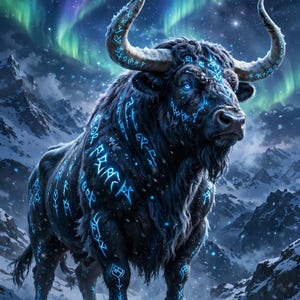 Puede incluir: Un toro grande de pelaje oscuro sobre una cima nevada, con símbolos rúnicos de color azul brillante en el cuerpo y los cuernos, ojos azul intenso y un cielo nocturno estrellado iluminado por una vibrante aurora boreal de color verde.