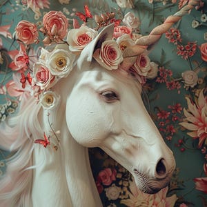 Può includere: Una testa di unicorno bianca adornata da una corona floreale di rose rosa e crema e piccole farfalle rosse. L'unicorno ha un corno attorcigliato con colori pastello. Lo sfondo è un motivo floreale turchese con grandi fiori rosa.