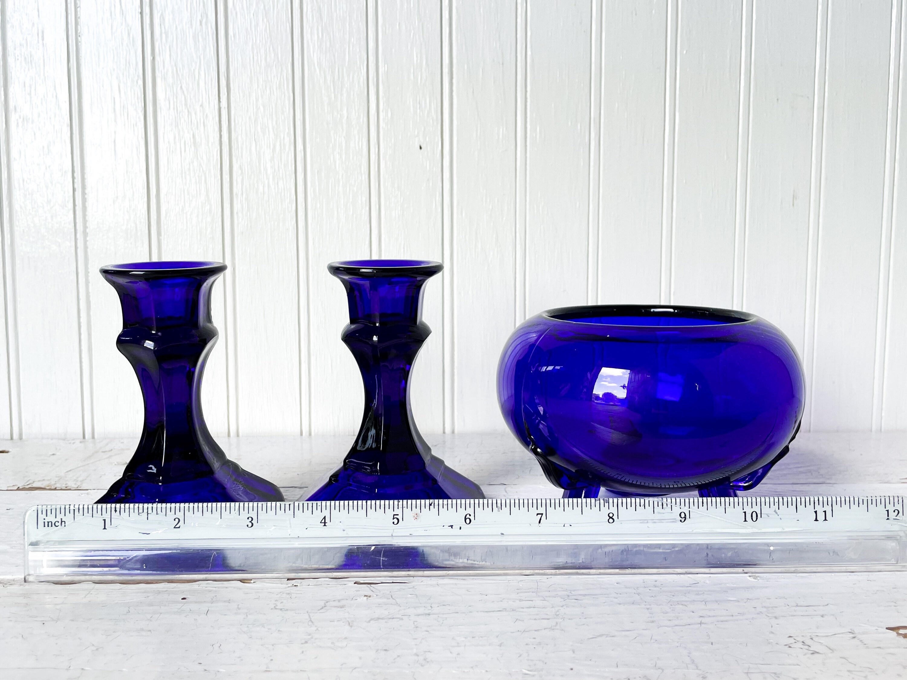 Cobalt Blue Glass Decor Set Pair of Candlesticks & Footed Etsy