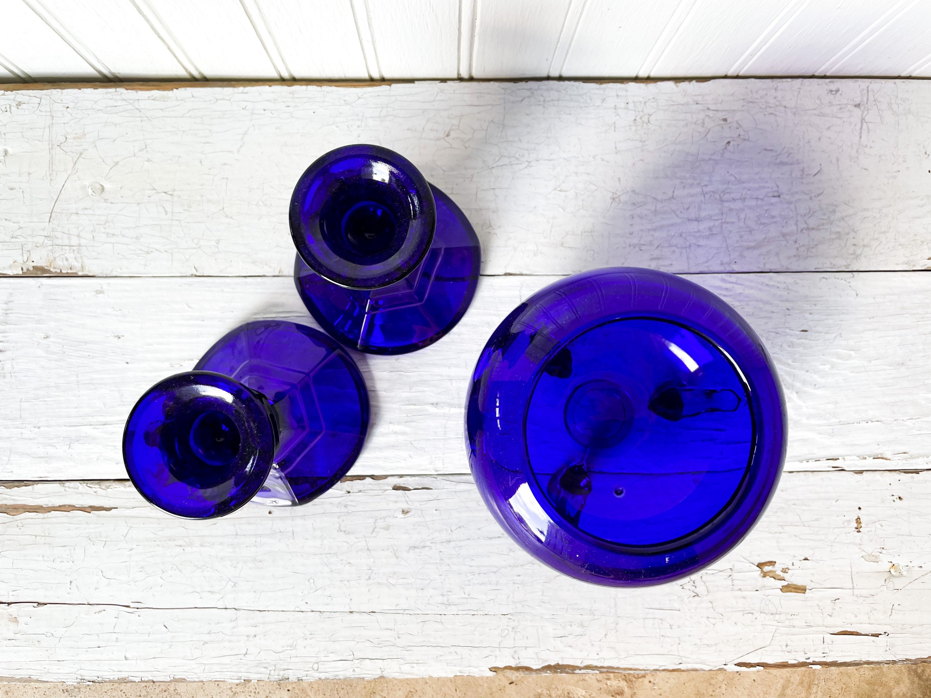Cobalt Blue Glass Decor Set Pair of Candlesticks & Footed Etsy